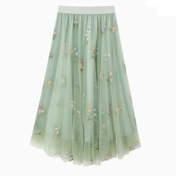 Qooth Sweet Women Floral A Line Tulle Skirt Rustic Style Wide Hem Mid Length Elastic Waist Casual Skirt QT2656