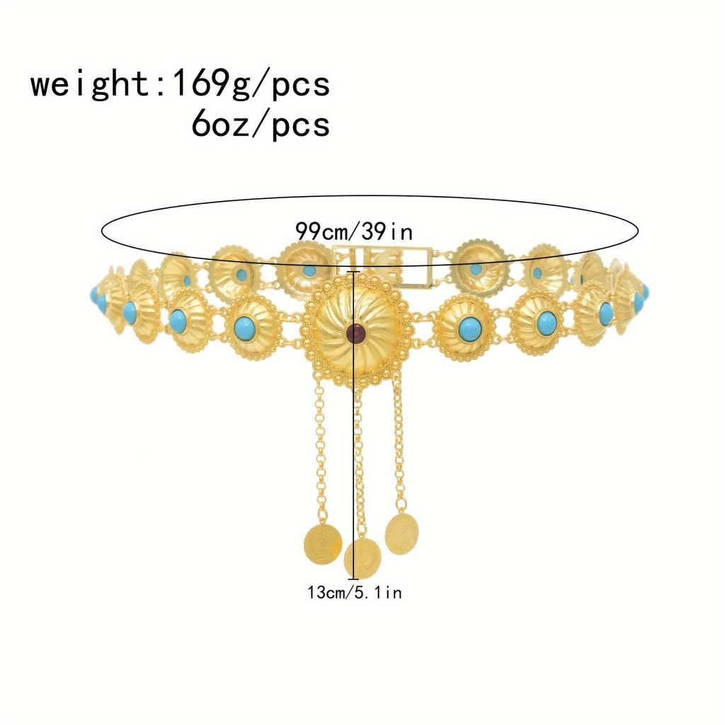 Elegante Bohème-Taillenkette im Vintage-Stil, Legierung Synthetischer Edelstein Golden Runde Scheibe mit Quaste Taillenkette Körperkette Schmuck