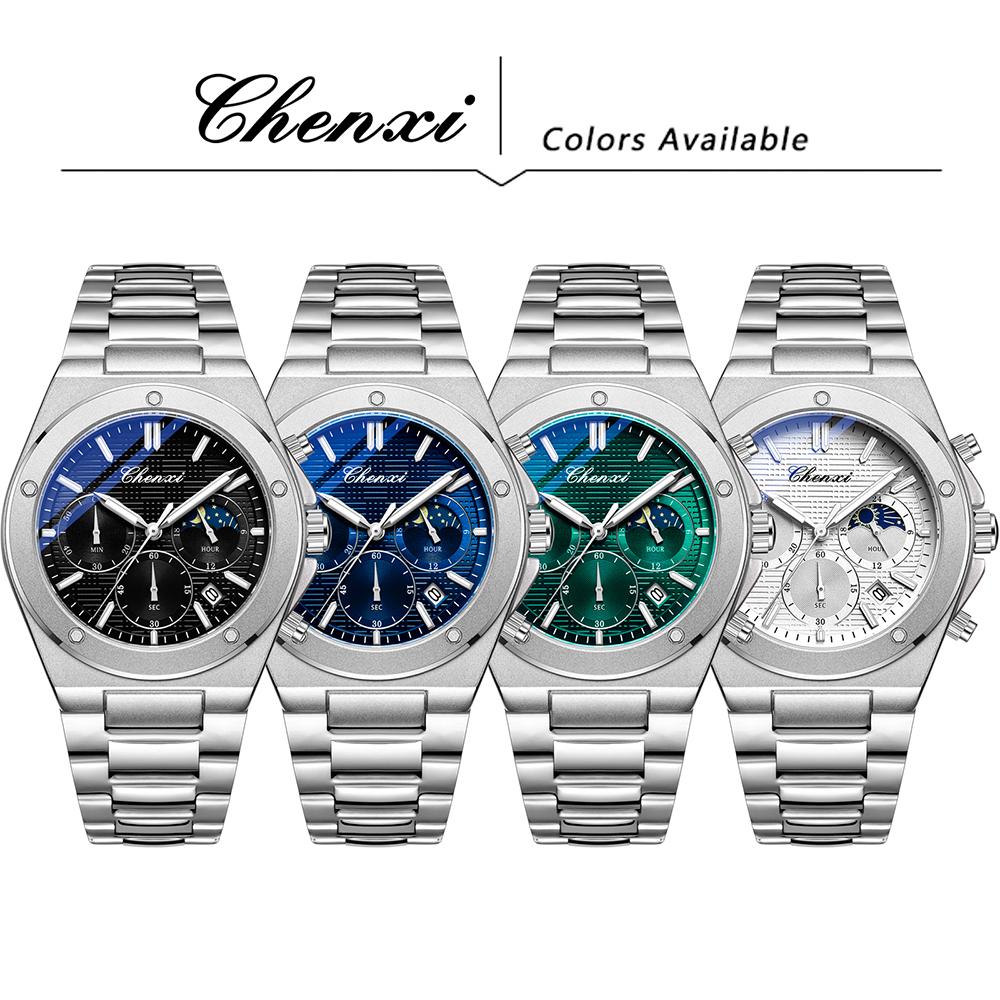 CHENXI Watch Man New Multi-functional Quartz Wristwatches Fashion Chronograph Date Moon Phase Luminous Steel Strap Men's Watches