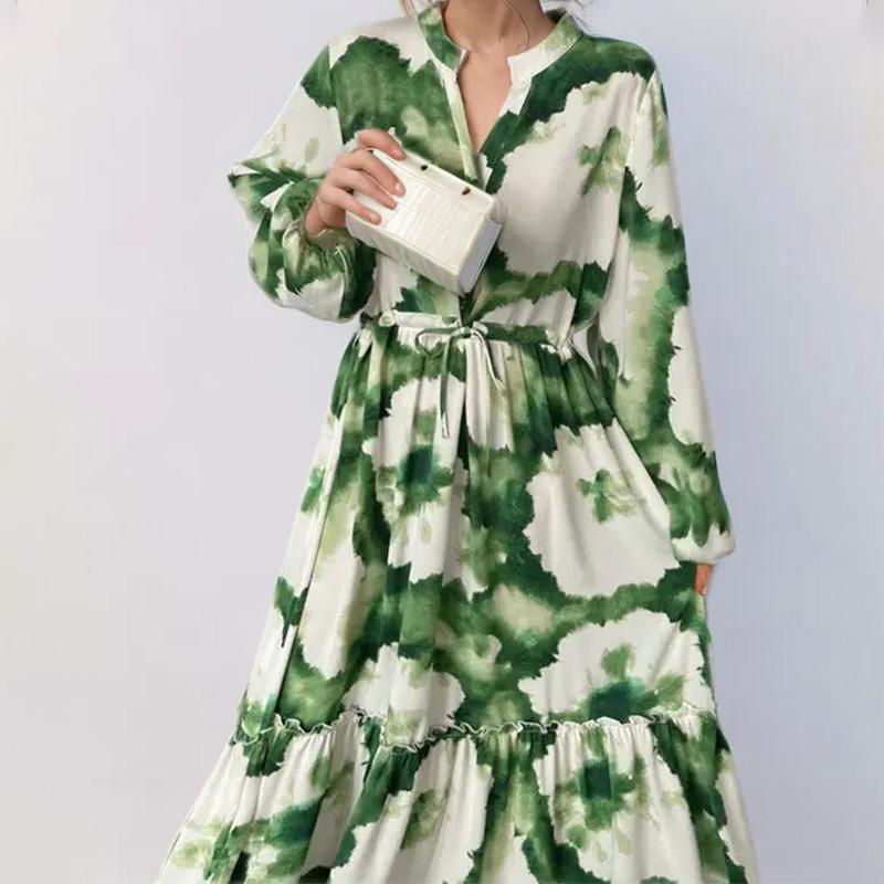 2025 European & American Women's Lantern Sleeve Print Turn-Down Collar Waist-Gathering Long Swing Spring Dress