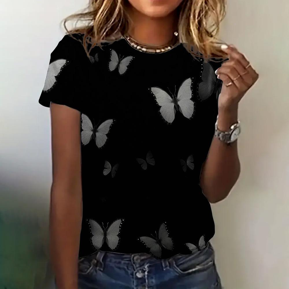 Summer New T-shirt Women's Clothing Casual Short Sleeve Butterfly Pattern Round Neck Elegant Blouse Women's T-shirt Price Is Low