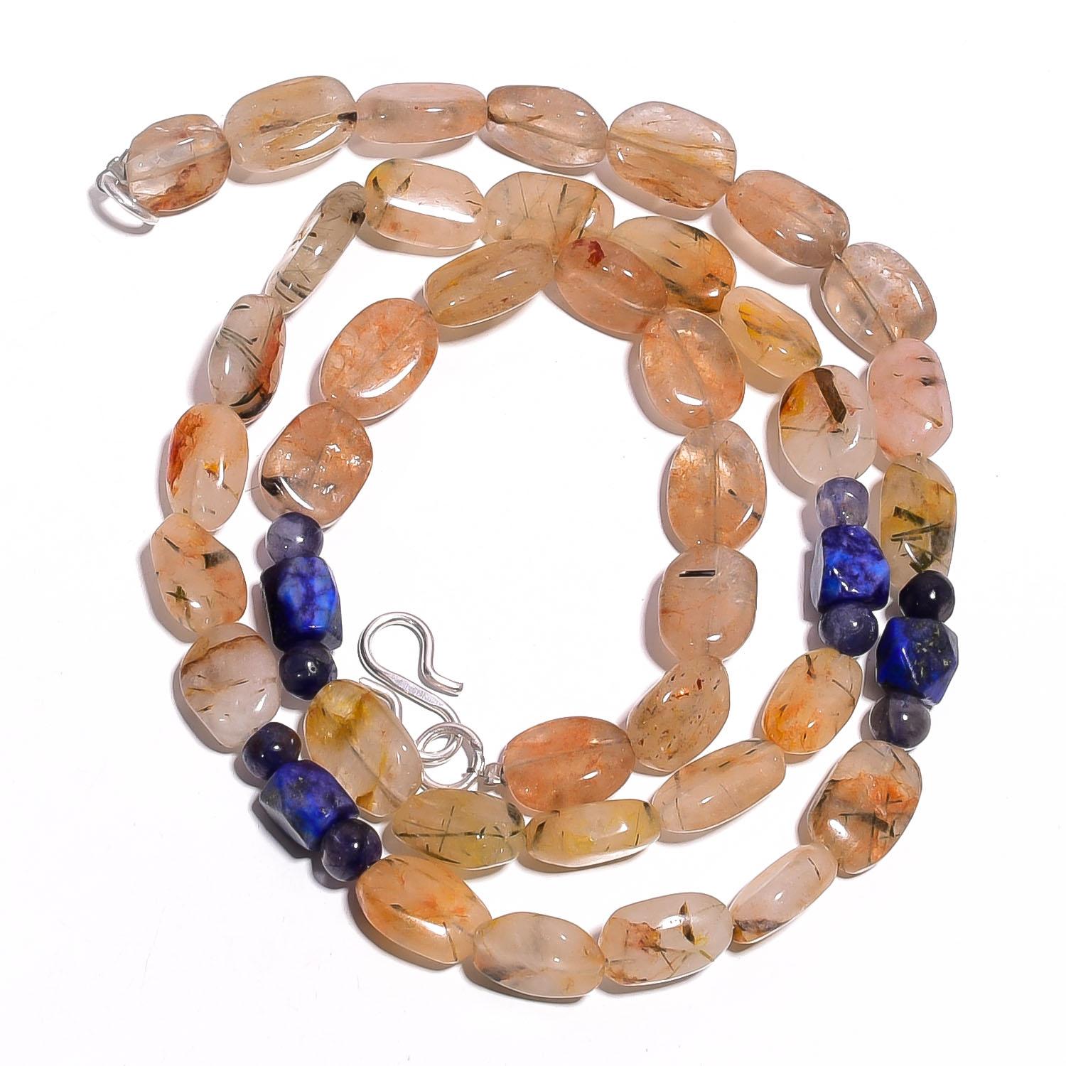 

Natural Rutile Quartz Lapis Lazuli Iolite Gemstone Beads Necklace 17 UB-4112 UB-4112