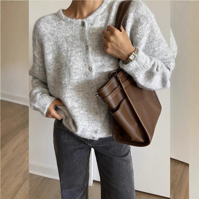 Womens Soft Knit Cardigan With Vintage Button Gray Wool Blend Sweater Outerwear Casual Chic