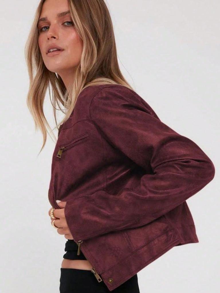 Giacca Moto Corta Vintage da Donna in Ecopelle con Zip e Collo Alto Cappotto Biker Corto Casual