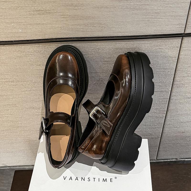 Popular Fashion Single Shoes One-word Buckle Small Leather Shoes Black Retro Round Head Platform Mary Jane Shoes Women's Spring 2025