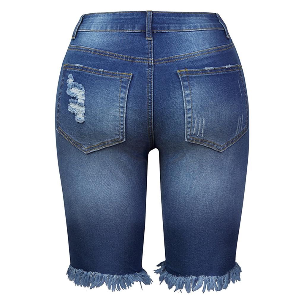 Letní džínové šortky nadměrné velikosti dámské kamínkové se středním pasem roztrhané s třásněmi střapce strečové džínové šortky dámské letní šortky