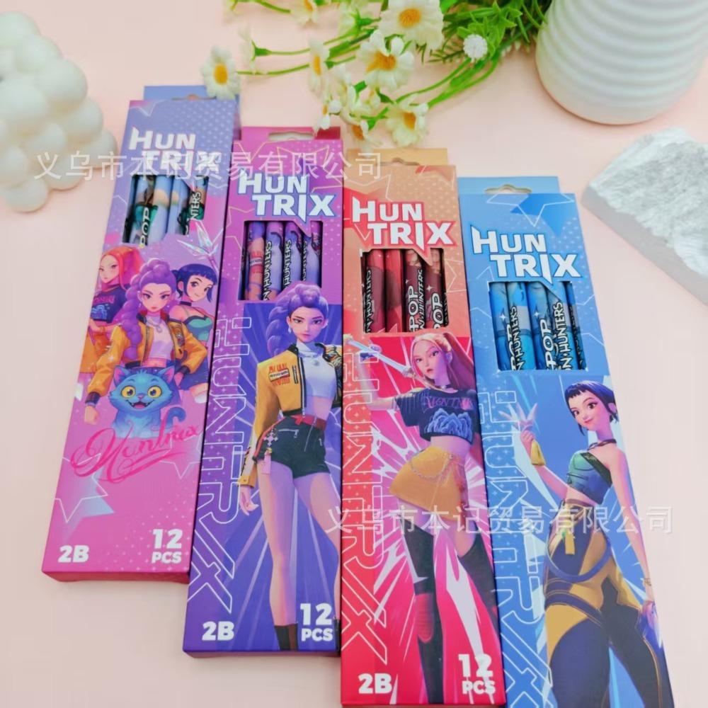 12Pcs Kpop Demon Hunters Huntrix 2B Pencils Set Wood Graphite Sketch Pencils Smooth Writing for School Office Drawing Sketching