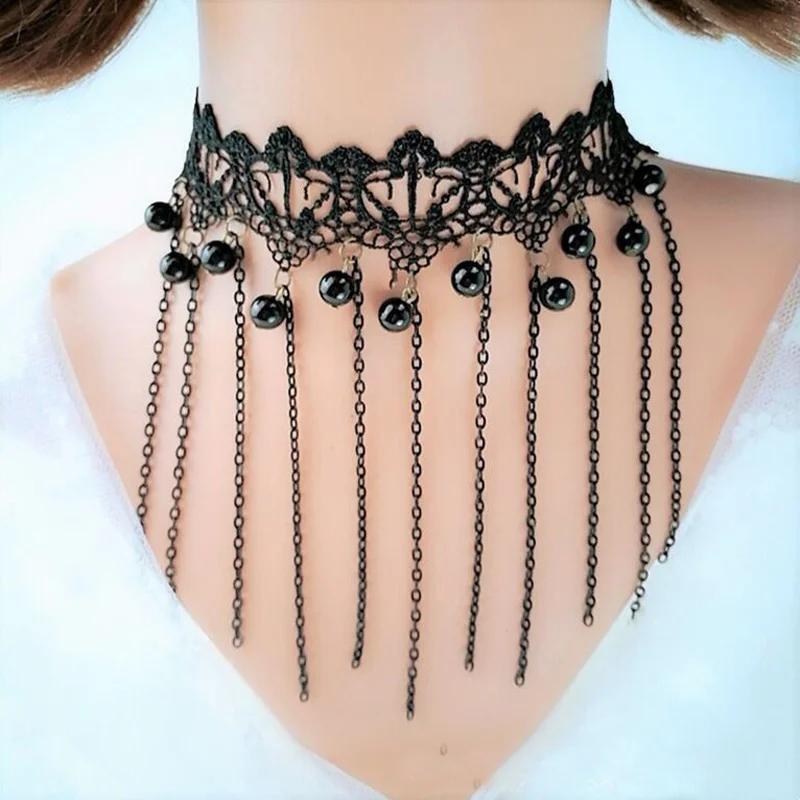 Collares Sexy Gothic Chokers Crystal Gear Chain Black Lace Neck Choker Necklace Vintage  Women Chocker Steampunk Jewelry