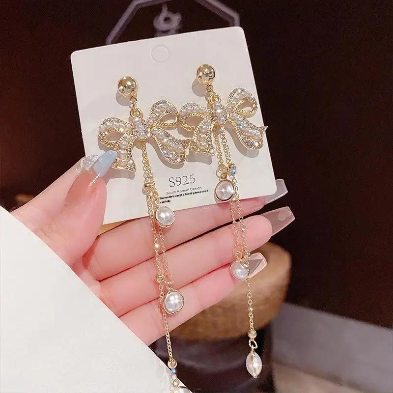 1 Pair Dangle Earrings Bowknot Shape Shining Rhinestones Lady Earrings Heart Imitation Pearls Tassel Jewelry Accessory