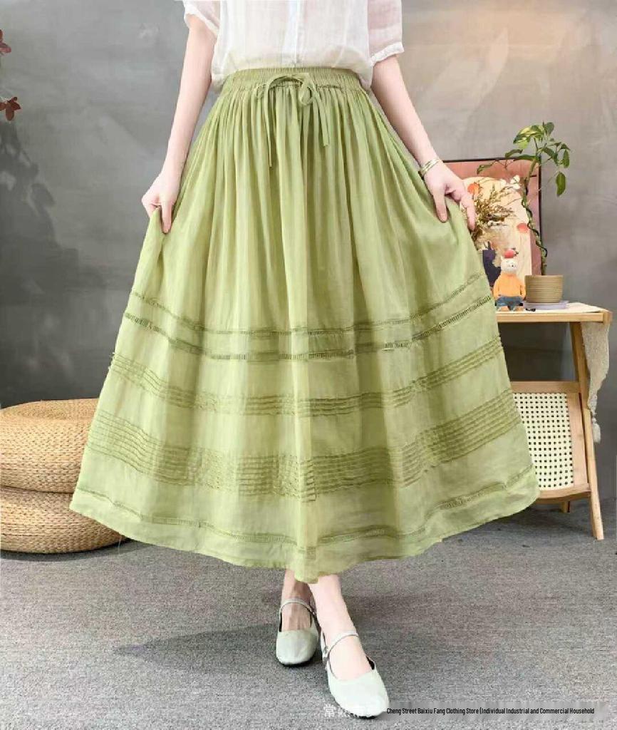 2026 Spring/Summer Women's Romantic Pleated Ramie Skirt with Elastic Waist - Artistic Retro Style