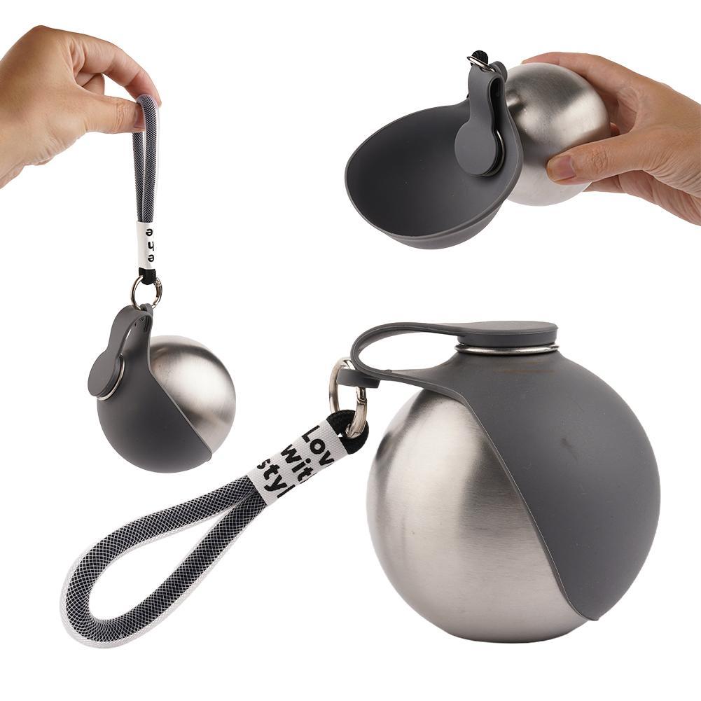 304 Stainless Steel Pet Kettle Round Outdoor Water Cup Outdoor Cat And Dog Hanging Rope Portable Folding Water Dispenser