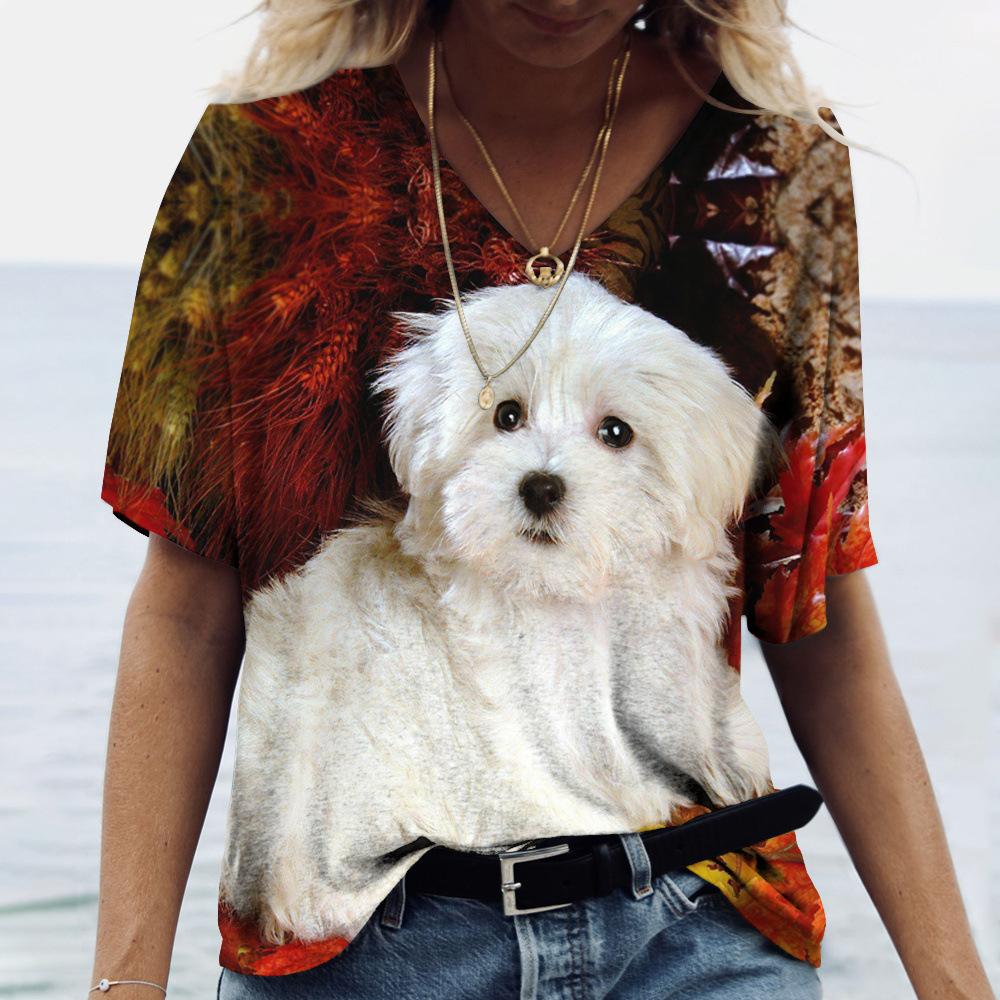 Summer V-neck 3D Dog Printed Top Fashionable Casual Short Sleeved Women's T-shirts