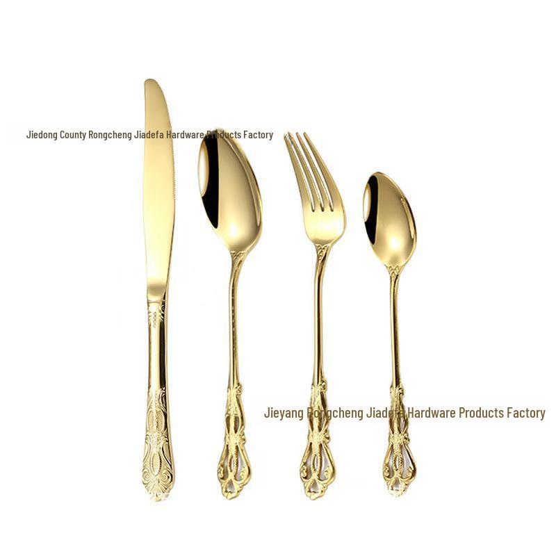 European Style Stainless Steel Cutlery Set with Hollow Relief Design: Royal Knife, Fork, and Spoon.