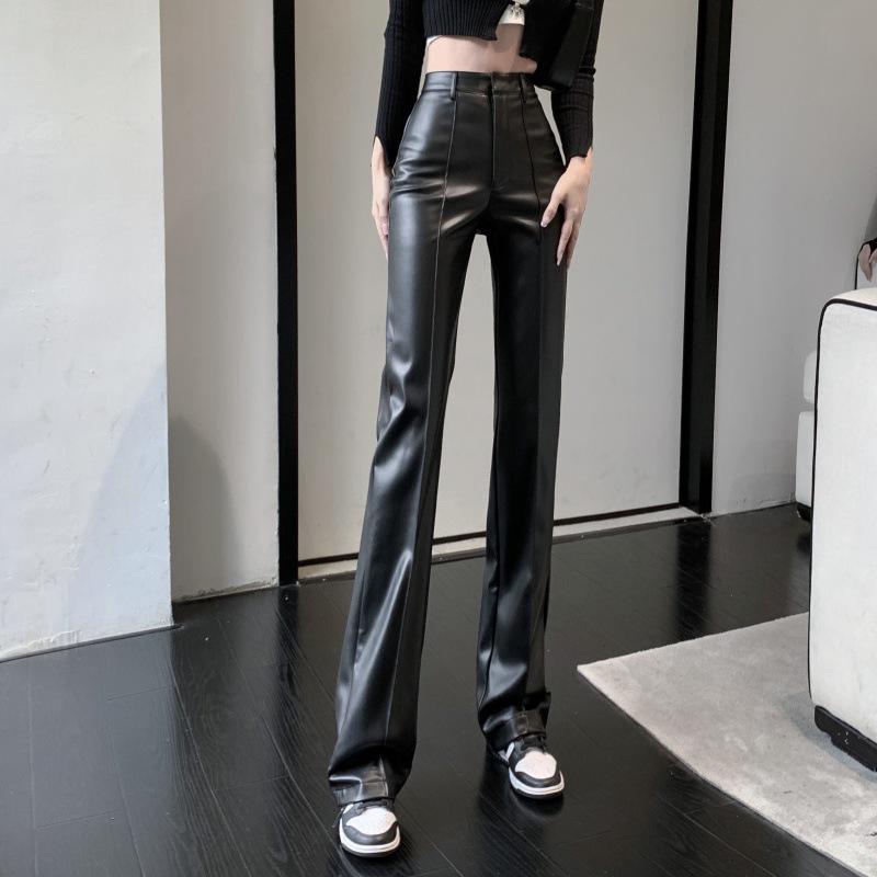 2023 Women's High-Waist Black Leather Wide-Leg Pants: Slim, Casual, and Drape-Effect Trousers