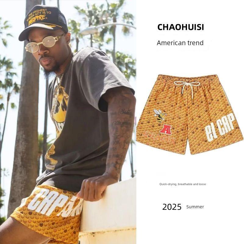 Summer American-Style Men s Loose Mesh Sports Shorts with Skull Design, European and American Style, Basketball Student Knee-Length Thin Shorts Dk430 Yellow L