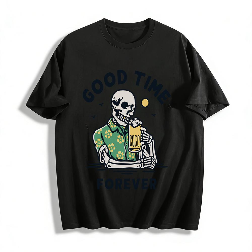

Hawaiian Style Skeleton Beer Print Tshirt Good Time Forever Casual Top Pure cotton T-shirt XXS