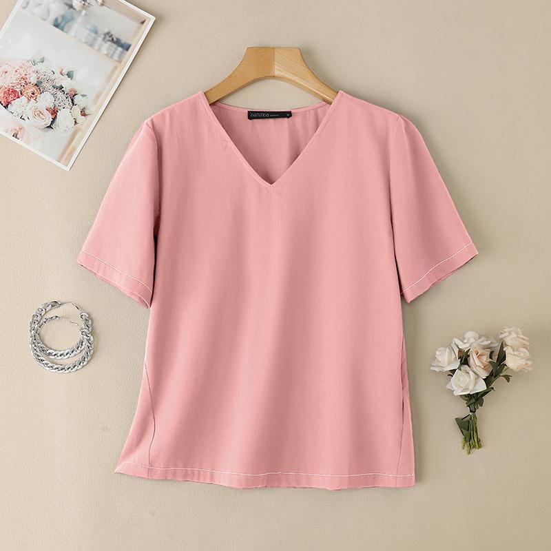 ZANZEA Damen Lässiges Sommer V-Ausschnitt Kurzarm Baumwoll-T-Shirt