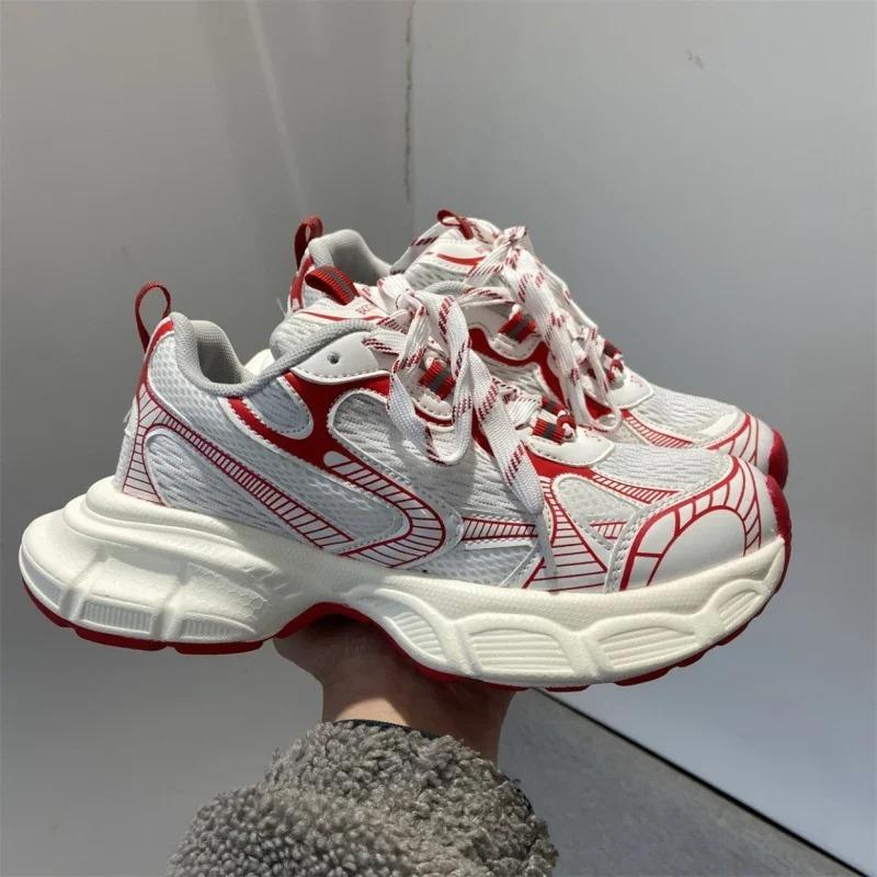 Chic Chunky Sneakers Women Men 2024 New Design White Red Ladies Sports Shoes Comfortable Wide Sole Casual Shoes 41 42 Big Size
