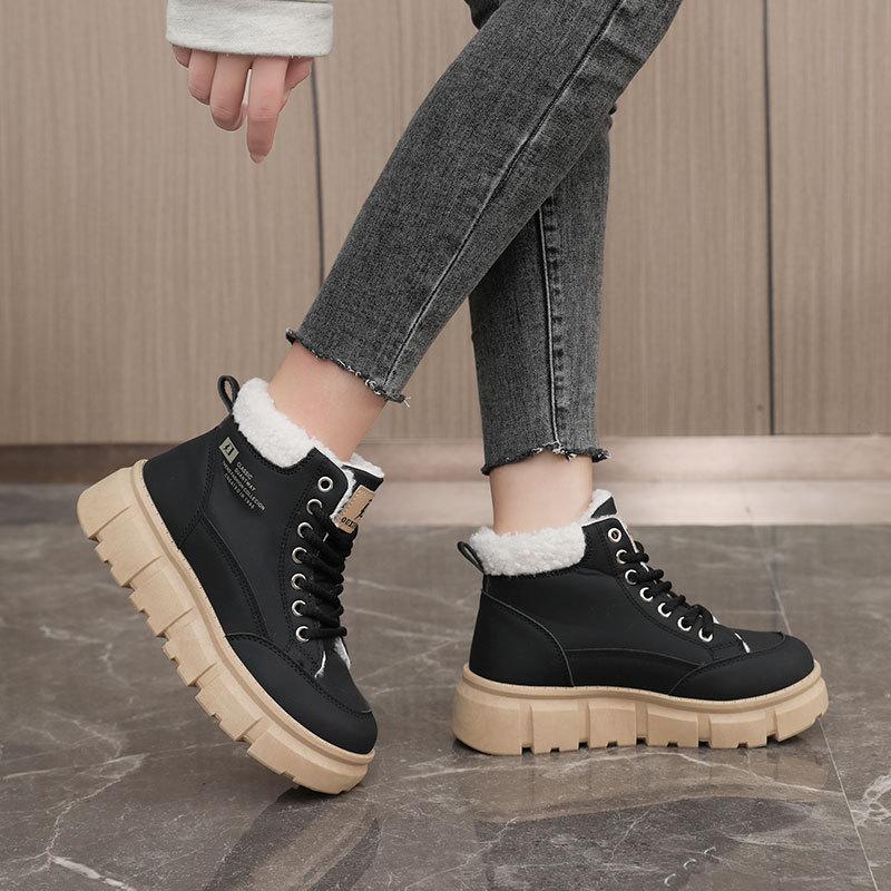 158 new autumn and winter Korean casual women's velvet medium-top version warm and heightening cotton shoes color-matching snow boots