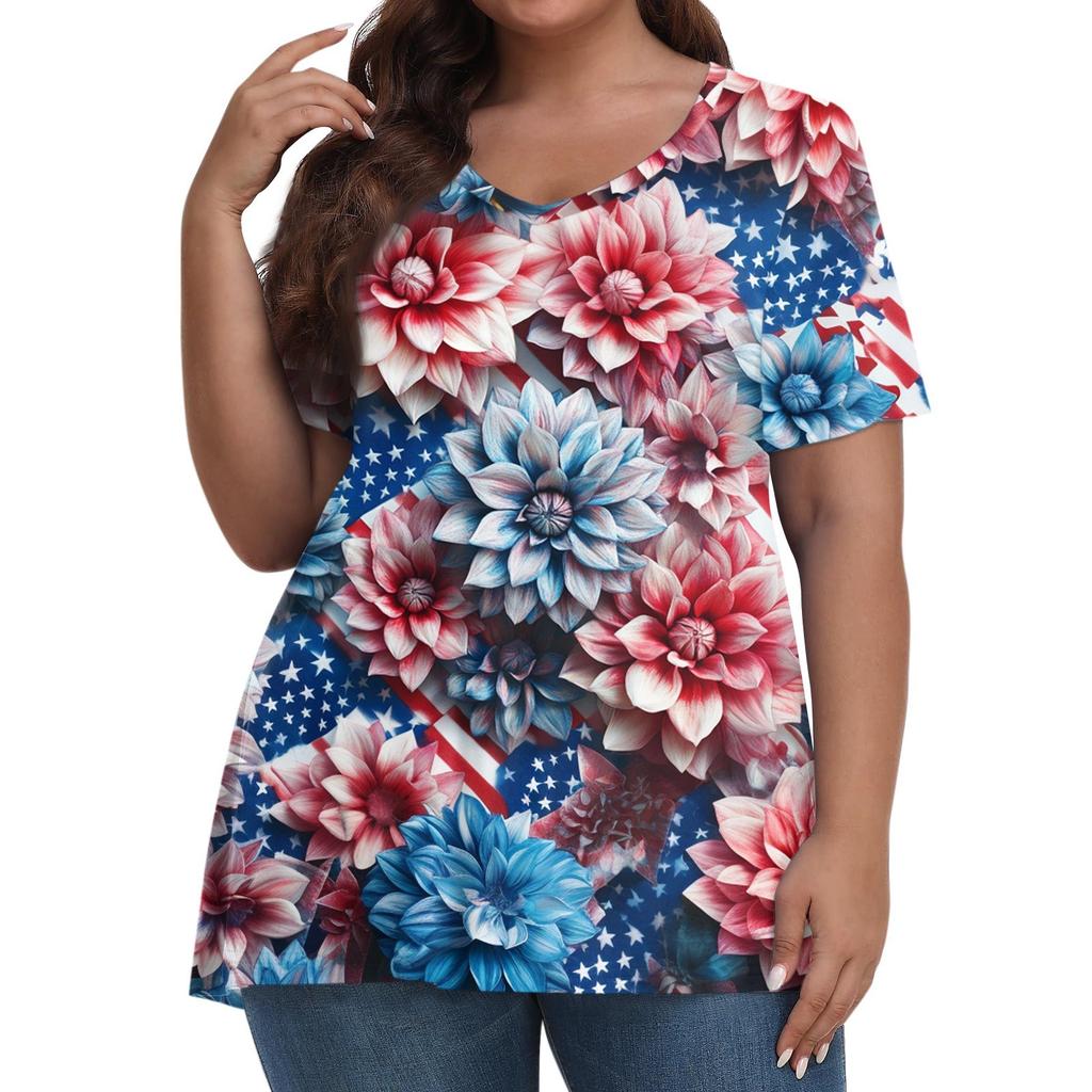 Damenmode Lässig V-Ausschnitt Pullover Kurzarm Übergröße Bedrucktes T-Shirt Top