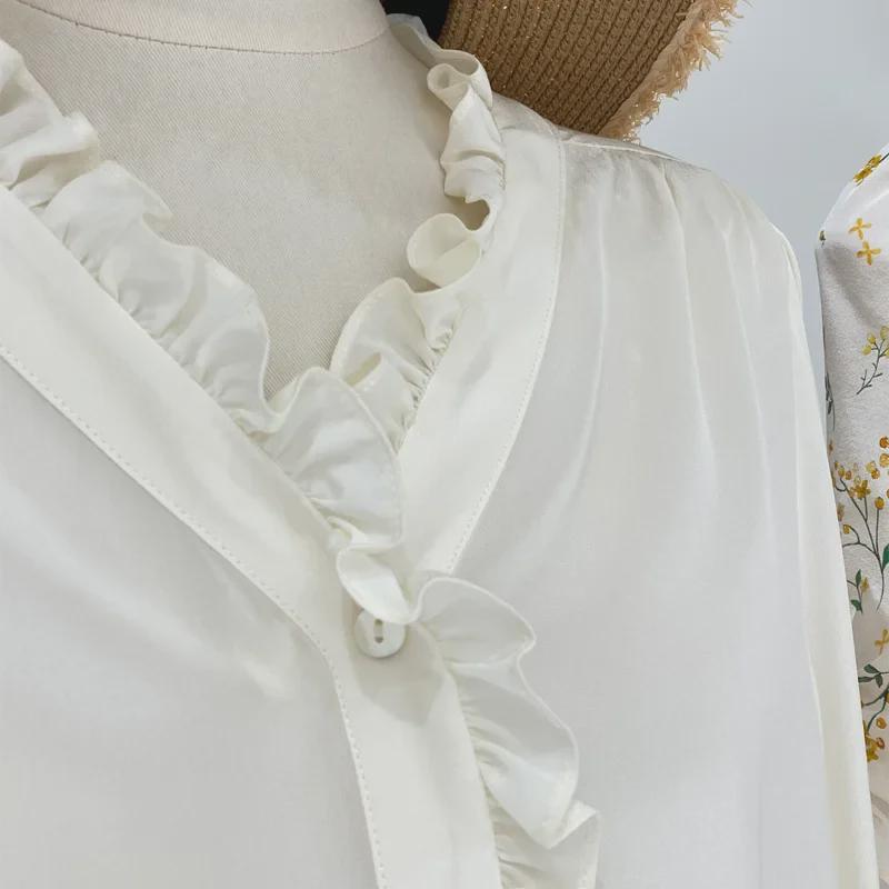 2025 Frühling Damen Französisches Doppel-Crêpe Weißes Spitzenhemd - 100% Maulbeerseide
