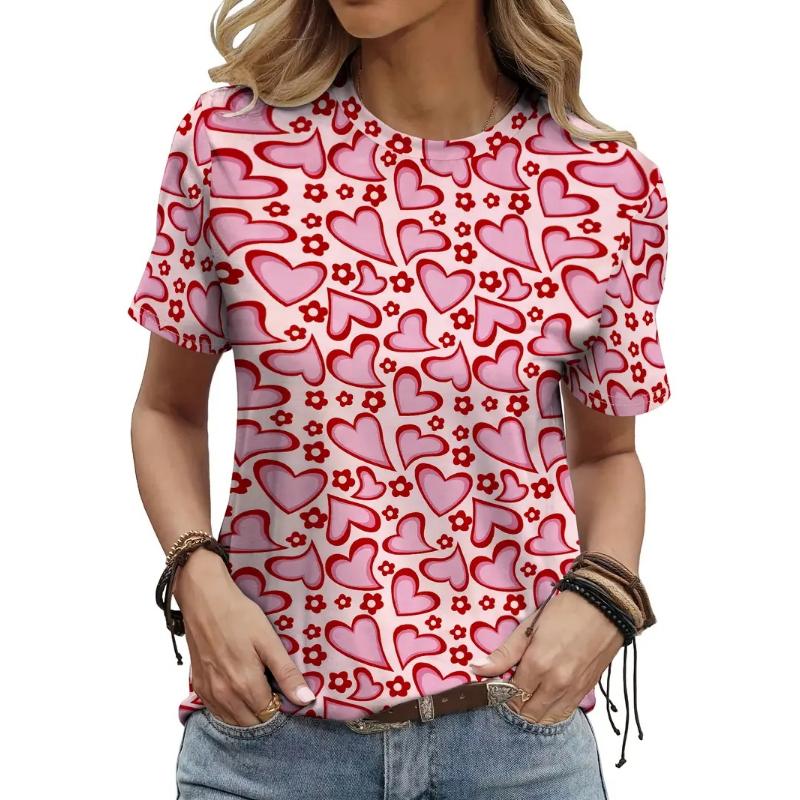Heart Print Crew Neck T-Shirt For Women Casual Short Sleeve Leopard Love Tshirts Top Women's Ladies Valentine's Day T Shirt