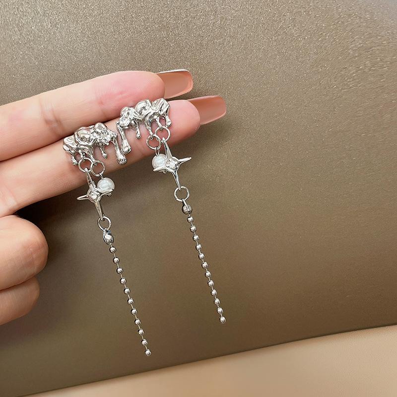 Irregular Liquid Metal Butterfly Flash Diamond Earrings, Asymmetrical Long Cold Wind Lava Water Drop Earrings