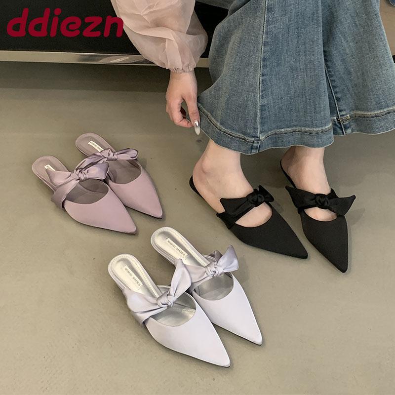 Fashion Fashion Butterfly-Knot Ladies Heeled Pumps Shoes Female Pointed Toe Low Heel Footwear Shallow Slides Shoes For Women Mules Lady