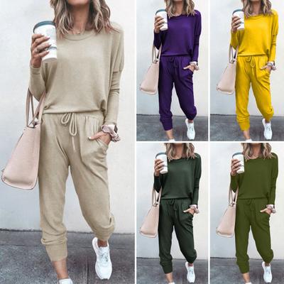 2 Pcs/Set Women Top Pants Suit O Neck Long Sleeves Solid Color