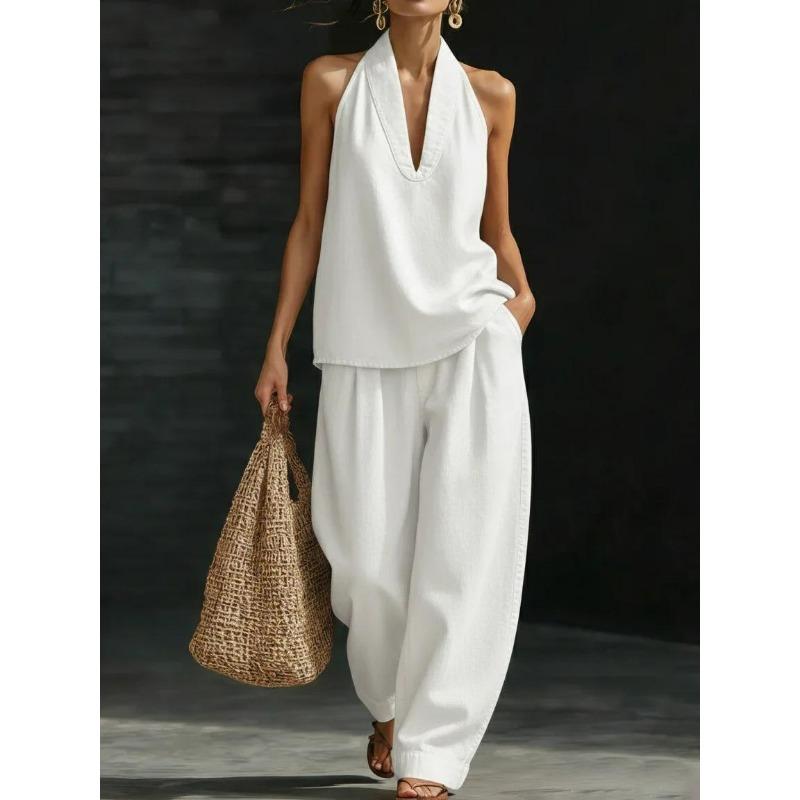 Women's Sleeveless V Neck Wide Leg Jumpsuit Loose Casual One Piece Summer Outfit