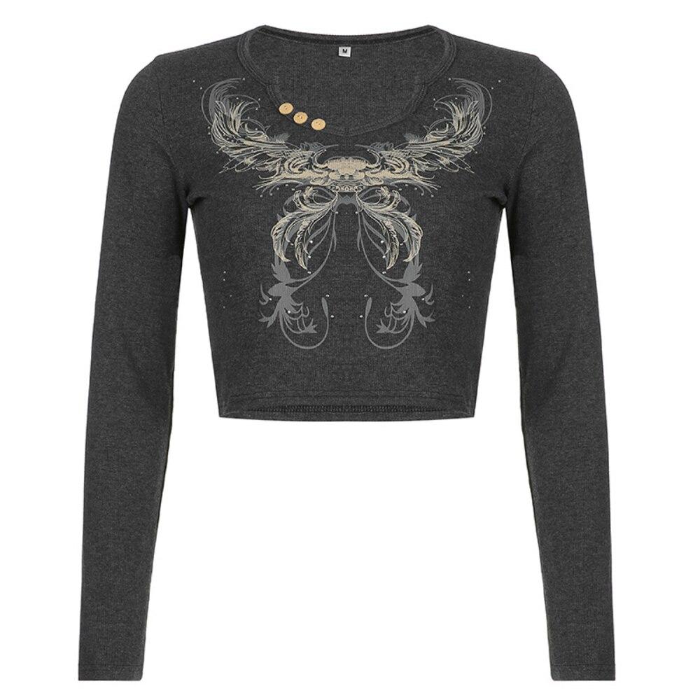 

Винтажная повседневная уличная одежда в стиле готического стиля, модные эстетические женские блузки, женские футболки с принтом, тонкие укороченные топы с длинными рукавами и круглым вырезом в стиле Харадзюку S