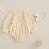 Baby Girls Romper Bow Print Ruffled Trim Long Puff Sleeve Smocked Jumpsuits Headband Outfits