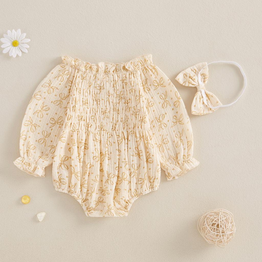 Baby Girls Romper Bow Print Ruffled Trim Long Puff Sleeve Smocked Jumpsuits Headband Outfits
