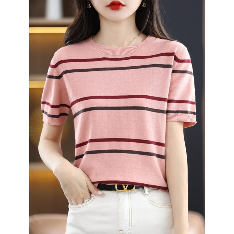 Pure Cotton Striped Round Neck Knitted Short-sleeved Women Summer Style Loose Slim Color-blocking Half-sleeved T-shirt Top