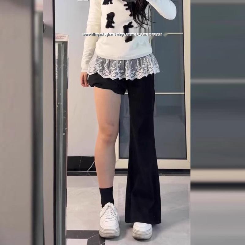 Women's High-Waist Black Micro-Flare Non-Stick Jeans - Plus Size, Wide Leg, Floor-Length, Autumn Collection