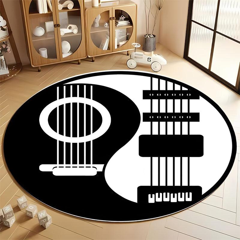 

Music-Themed Black and White Guitar Rug for Studios round carpet for home sofa bedroom, gift Diameter 60cm