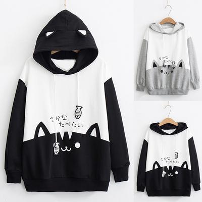 Large Size Women's Long Sleeve Cat Print Pocket Hoodie Sweatshirt