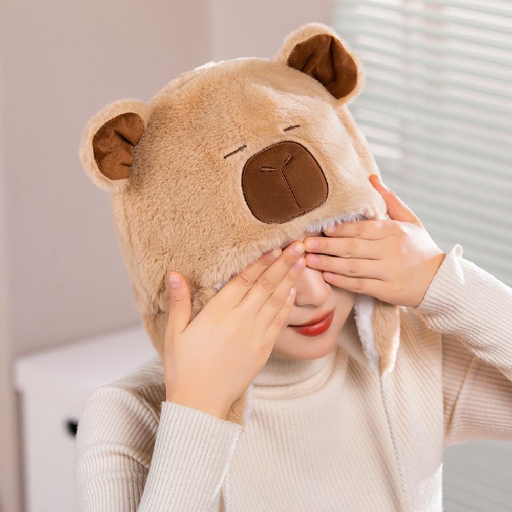 Warm Cute Plush Capybara Hat Pullover Hat Animals Ears Beanie Hats Capybara Plush Cap  Outdoor