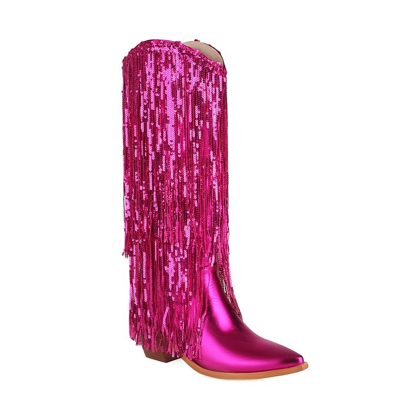 Fashion Women's New European and American Nightclub Pointed Sequin Tassel Knee High Heel Large Western High Barrel Boots 44 45 46