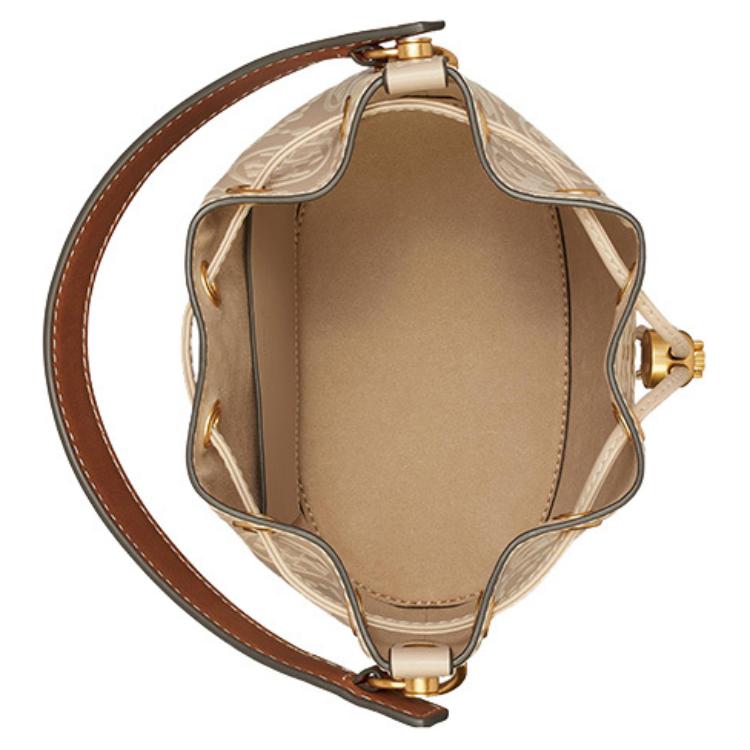 Tory Burch T Monogram 21 Drawstring Closure Detachable Shoulder Strap Leather Bucket Bag Women bags Longan-Brown Cream-White 146294-020