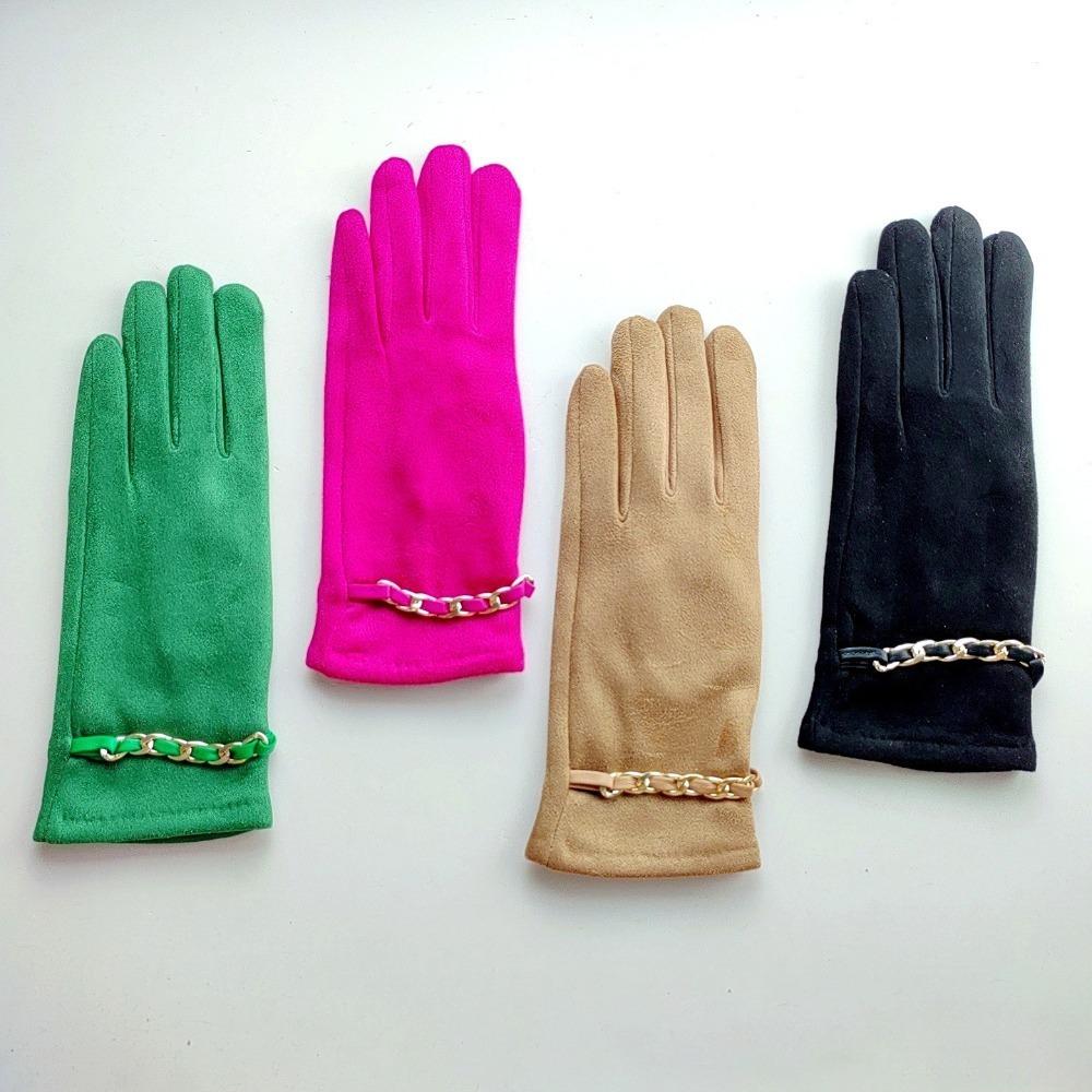 Solid Color Suede Leather Gloves Chain Warm Gloves Fashion Winter Thick Gloves
