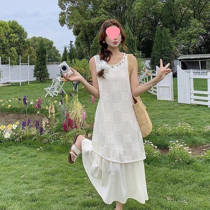 Popular Resort-Style Lace Cutout Sleeveless Dress with Ethnic Lace-Up Vest