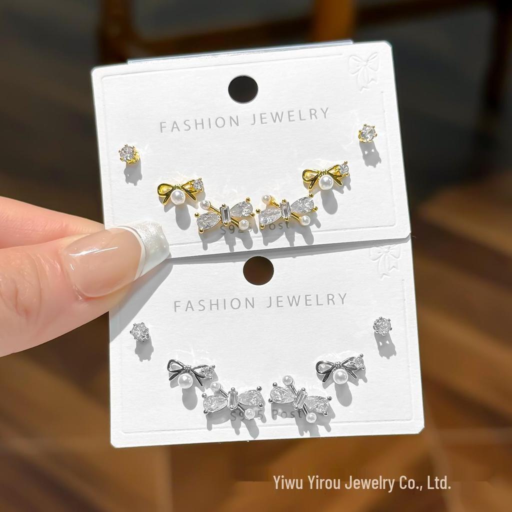Versatile Pearl Bow S925 Silver Needle Minimalist Retro Earrings Set
