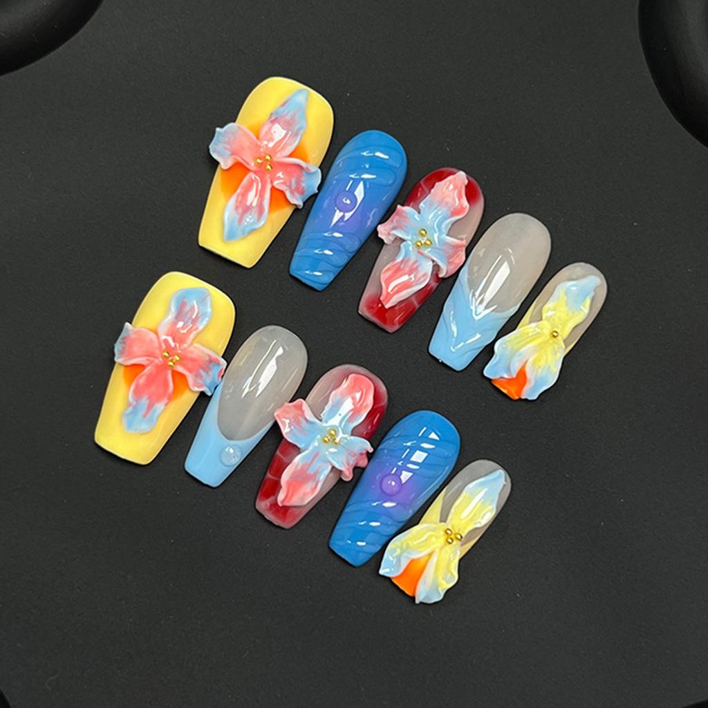 10PCS Colorful Fake Nails with Flower Decor with Zero Pressure On the Nail Bed Design for Working Dating or Partying