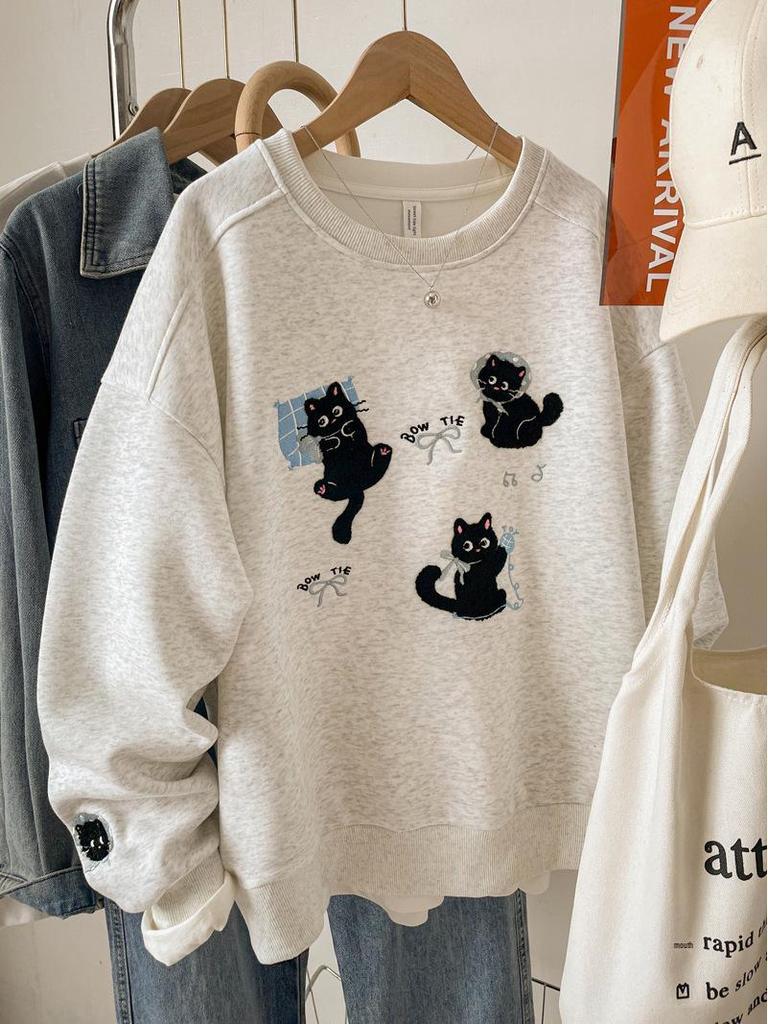 Damen Besticktes Graues Sweatshirt, Herbst/Winter 2025, Locker Geschnitten Übergröße, Petite Oberbekleidung Top