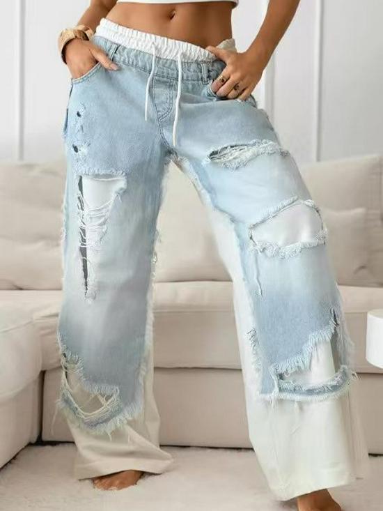 2025 Euro-American Style Straight-Leg Ripped Patchwork Summer Jeans