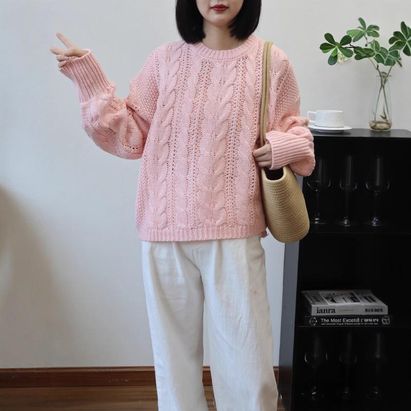 Autumn and winter new retro twist knitted sweater top loose round neck lazy wind sweater pullover woman