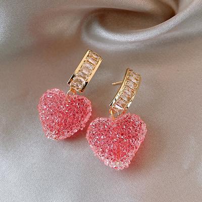 Fashionable Cute Pink Heart Shaped Pendant Women's Earrings Fashionable Cute Sweet Crystal Jewelry Girl Gift