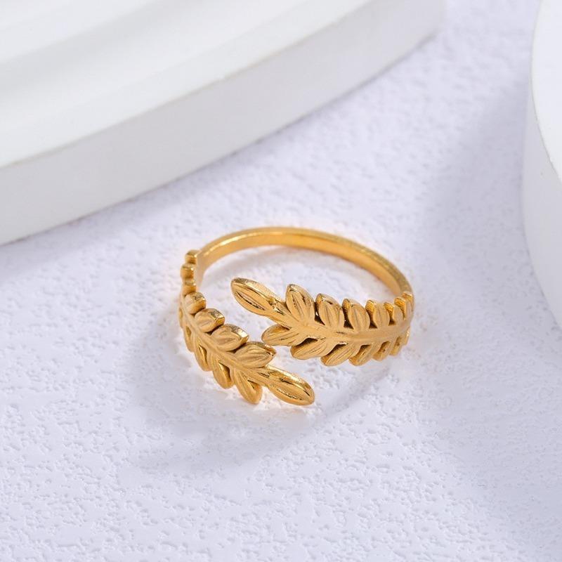 

18K Gold Plated Olive Leaf Open Ring for Women Stainless Steel Statement Zircon for Daily Wear and Minimalist Stacking Fashion adjustable