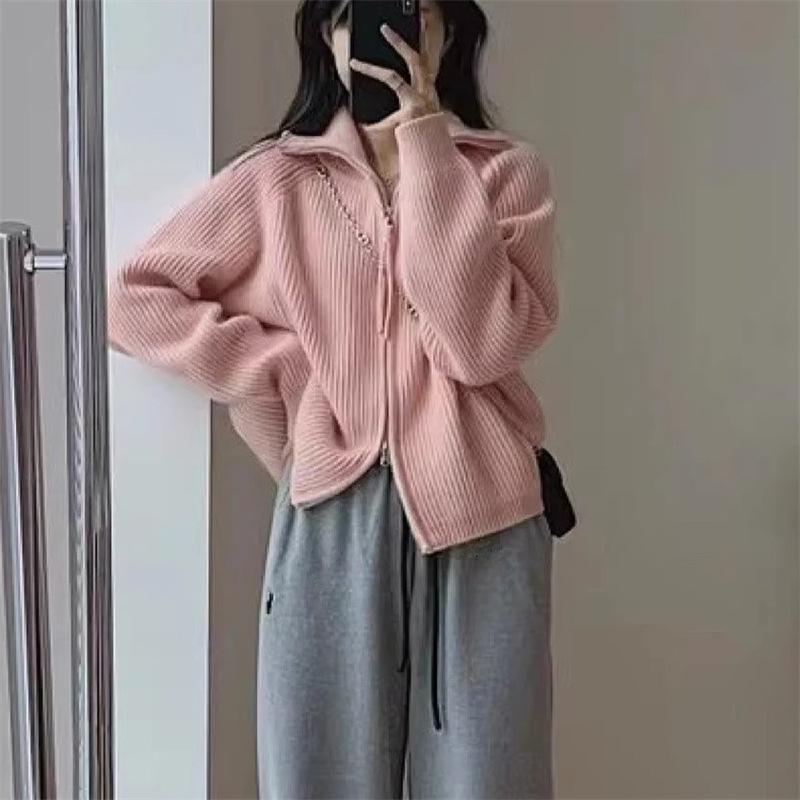 Stand-up collar pit strip double-ended zipper knitted cardigan top trendy autumn and winter new soft waxy meat-covering thin sweater jacket women